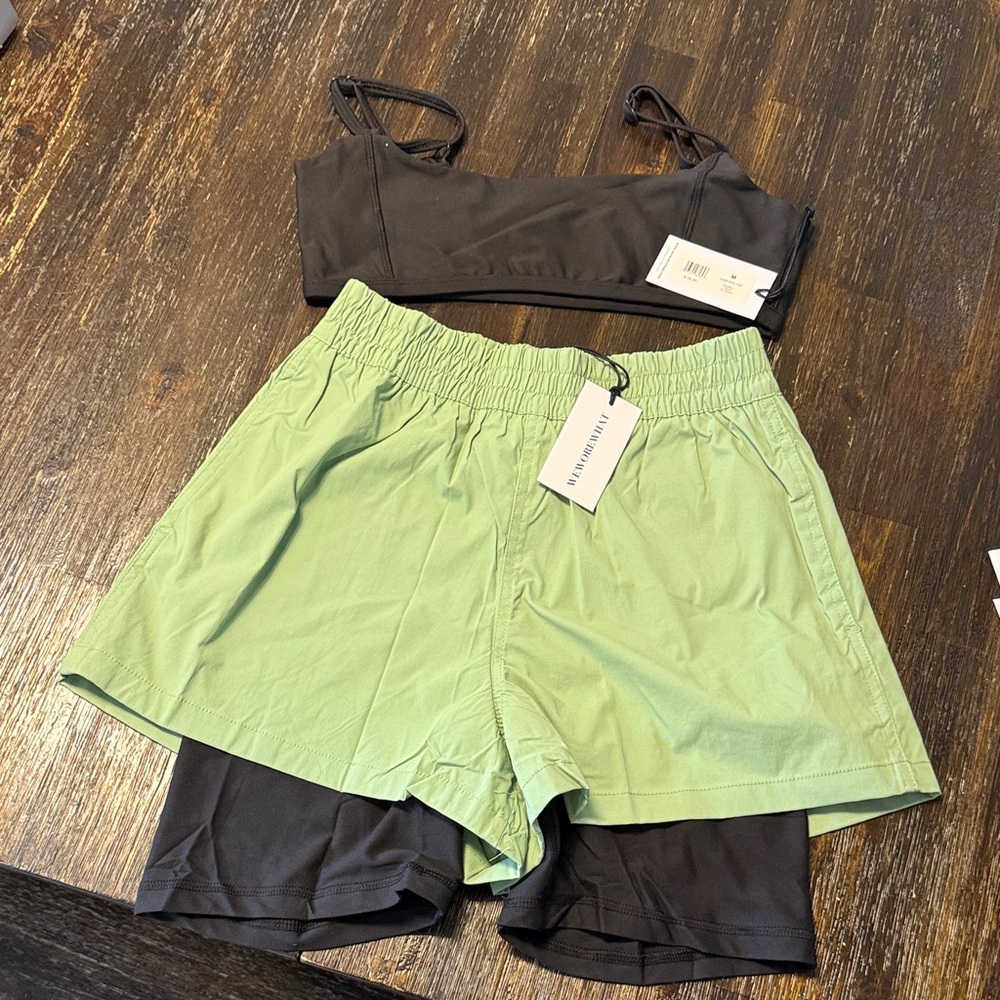 WeWoreWhat Black and Light Green Bike Shorts and top
